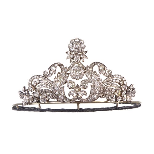 Antique diamond cluster lyre shaped foliate scroll tiara, c.1860,